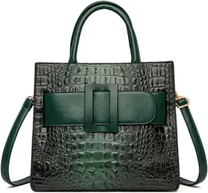 Vintage Top-handle Handbags Purse Satchel for Women PU Crocodile Pattern Tote Commuter Bag Crossbody Shoulder Bag