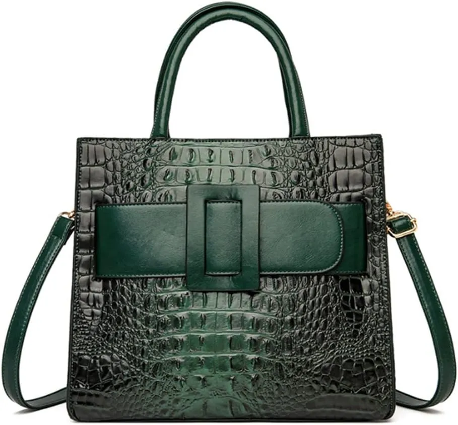 Vintage Top-handle Handbags Purse Satchel for Women PU Crocodile Pattern Tote Commuter Bag Crossbody Shoulder Bag
