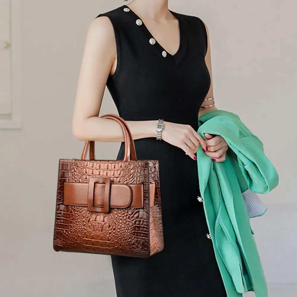 Vintage Top-handle Handbags Purse Satchel for Women PU Crocodile Pattern Tote Commuter Bag Crossbody Shoulder Bag