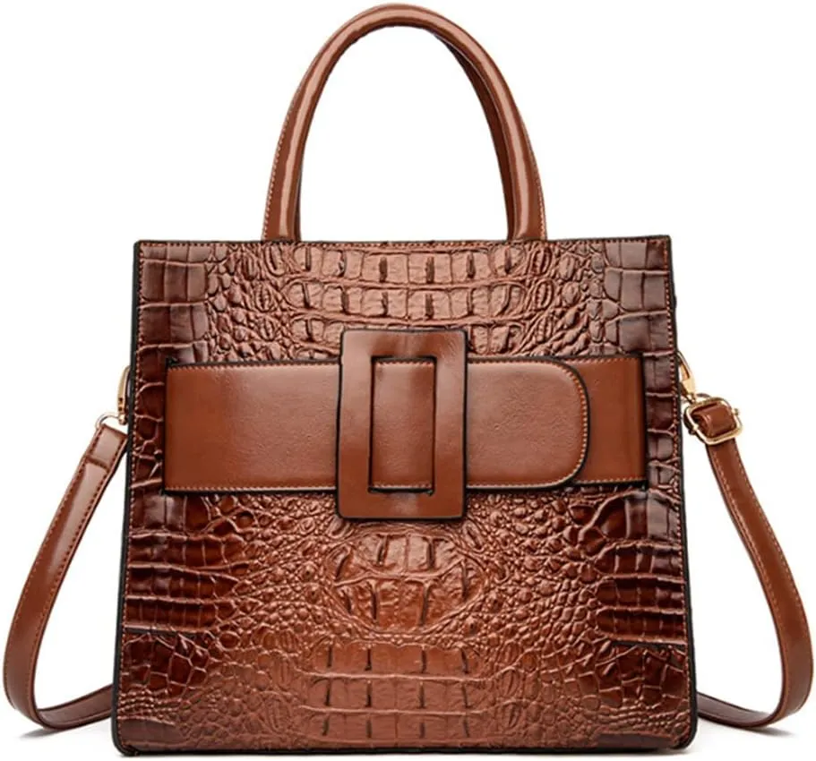 Vintage Top-handle Handbags Purse Satchel for Women PU Crocodile Pattern Tote Commuter Bag Crossbody Shoulder Bag