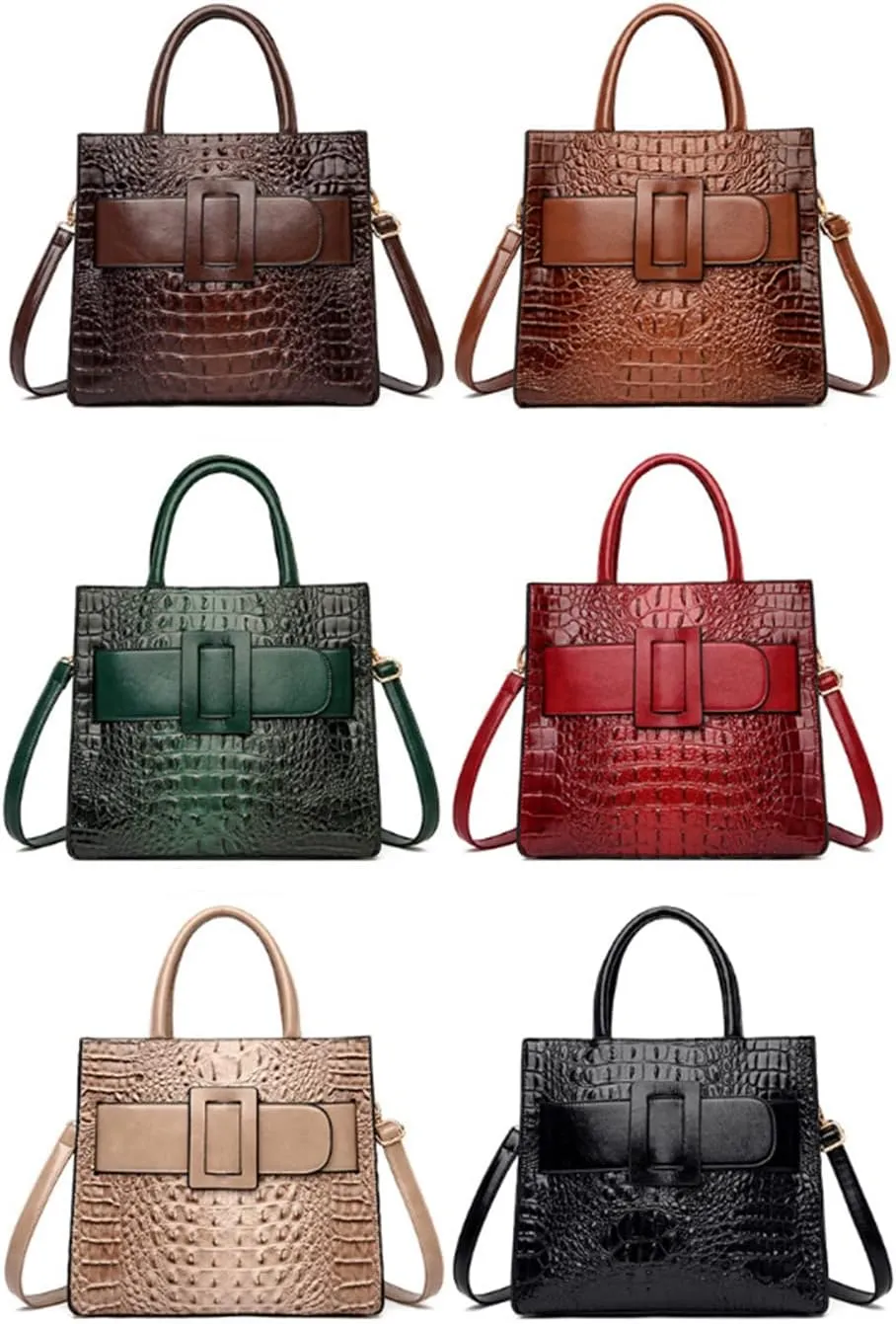 Vintage Top-handle Handbags Purse Satchel for Women PU Crocodile Pattern Tote Commuter Bag Crossbody Shoulder Bag