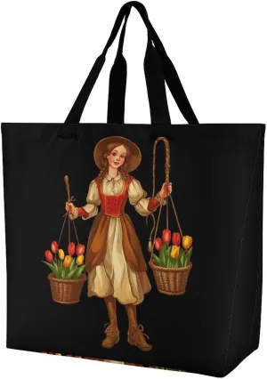 Vintage Traditional National Costume Doll Shopping Bag Reusable Tote Bag Lightweight Shoulder Bag Grocery Bag for Women Men