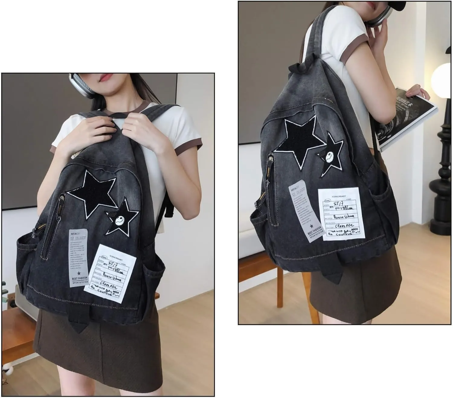 Vintage Y2K Backpack, Heavyweight Denim Grunge Bookbag for women men, Aesthetic Daypack for Travel Concerts (Black)