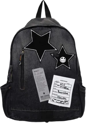 Vintage Y2K Backpack, Heavyweight Denim Grunge Bookbag for women men, Aesthetic Daypack for Travel Concerts (Black)
