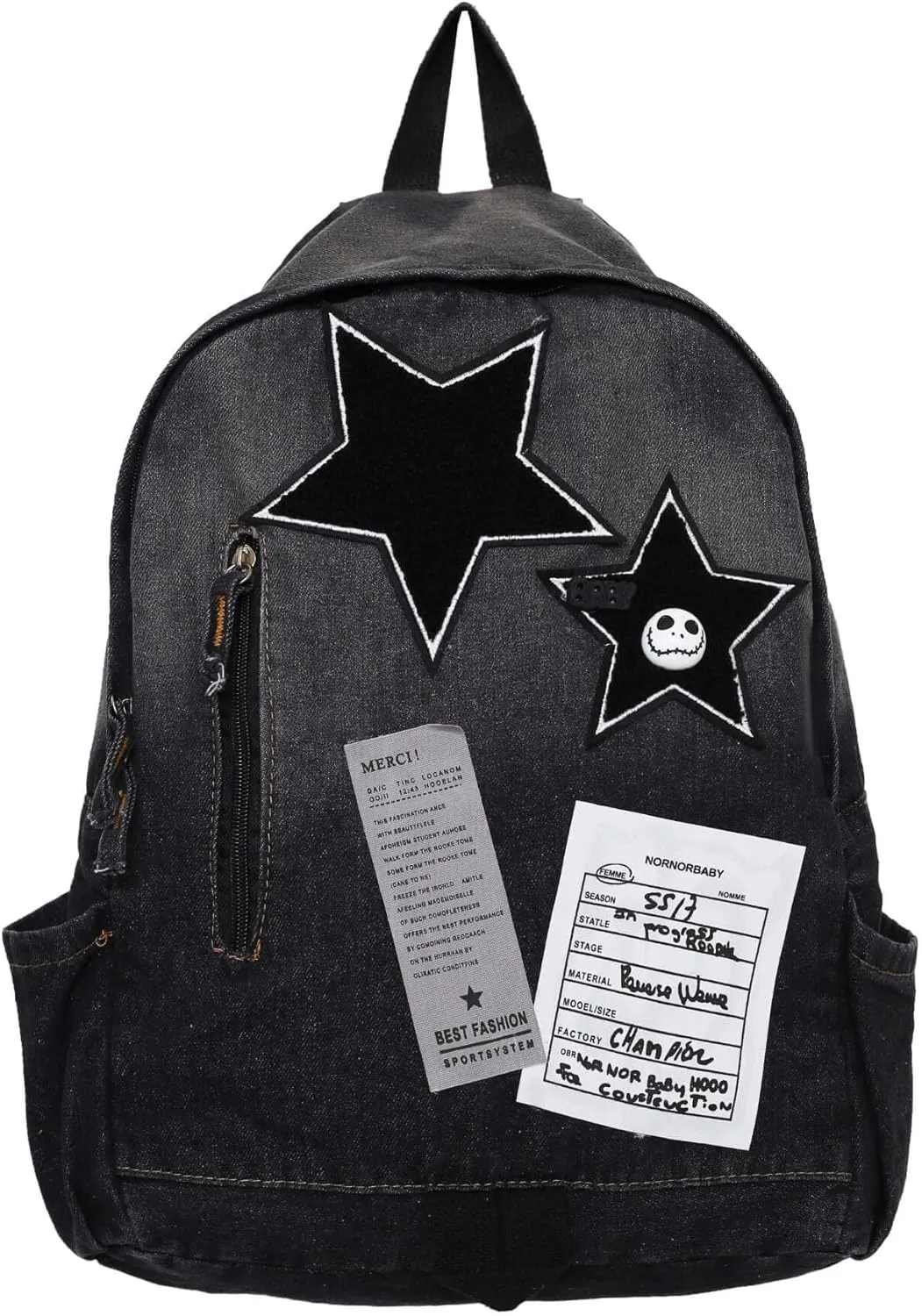 Vintage Y2K Backpack, Heavyweight Denim Grunge Bookbag for women men, Aesthetic Daypack for Travel Concerts (Black)