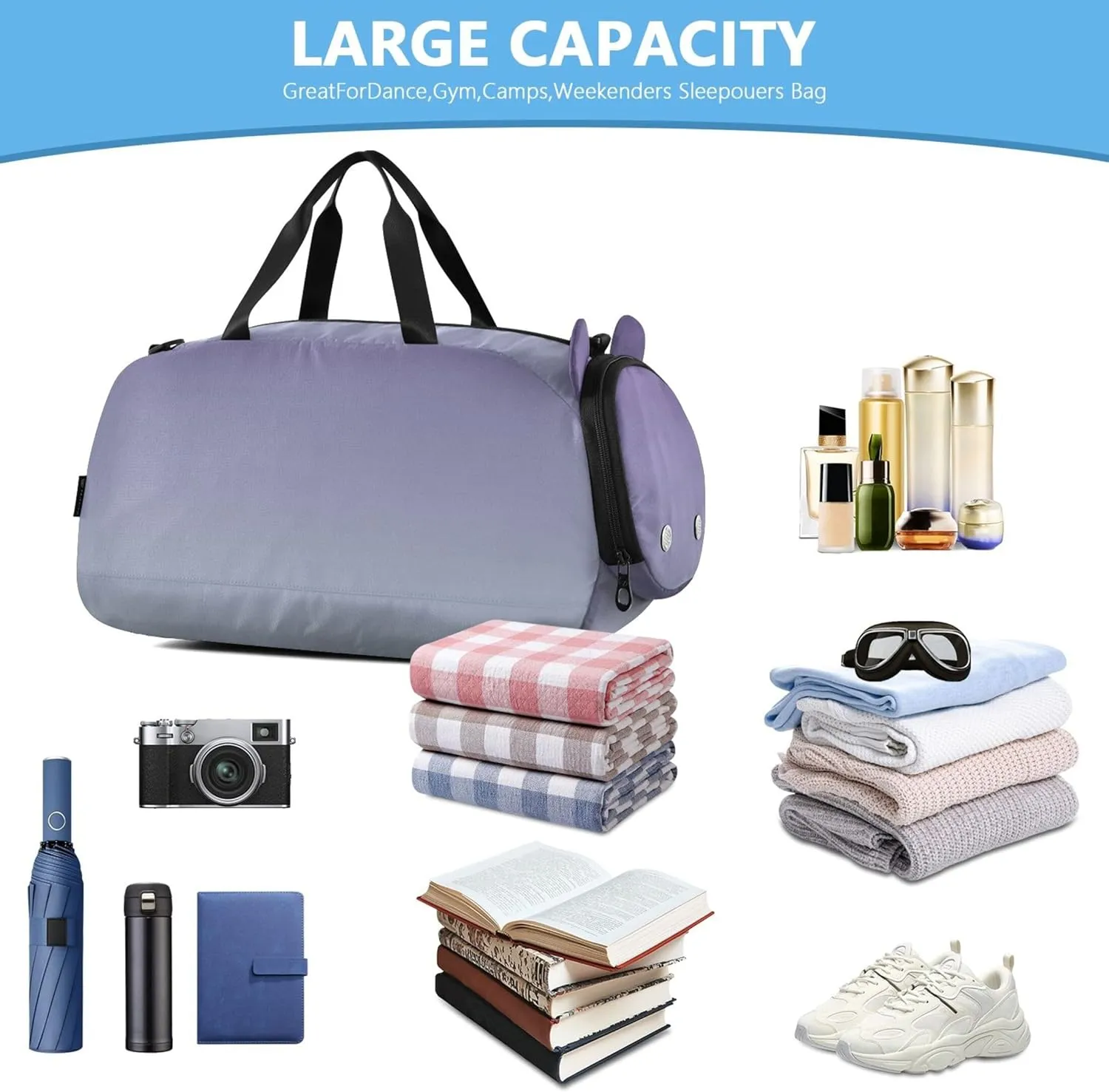 Violet Pale Blue Gradient Carry on Duffel Bag for Boys Overnight Bags Toddler Travel Duffle Bags Girls Tote Kids Gym Duffle
