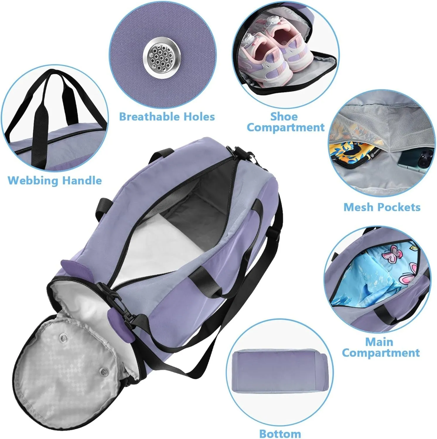 Violet Pale Blue Gradient Carry on Duffel Bag for Boys Overnight Bags Toddler Travel Duffle Bags Girls Tote Kids Gym Duffle