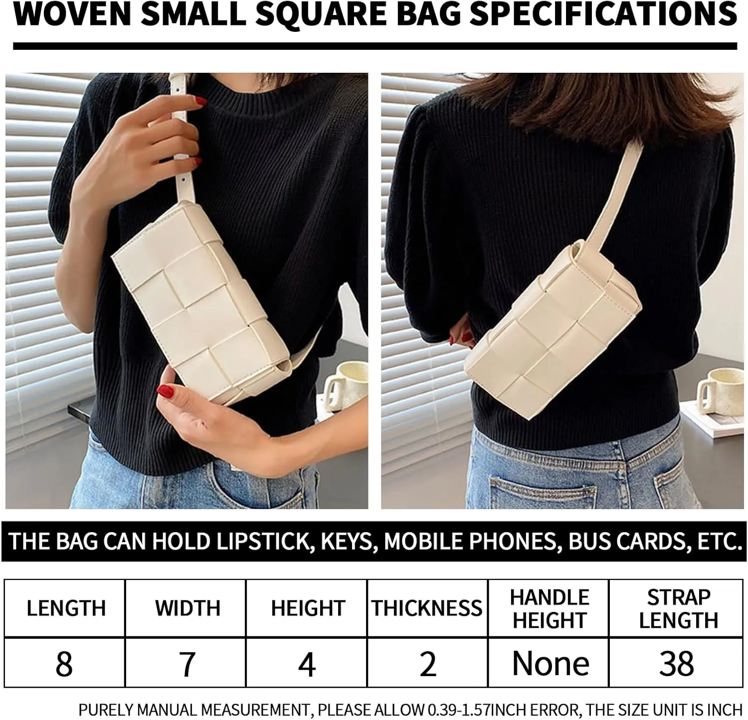 VIRVAR Mini Belt Bag with Women's PU Leather Woven Small Fanny Pack, Woven Small Square Bag 7.3 * 4 * 2.6 Inch (Apricot)