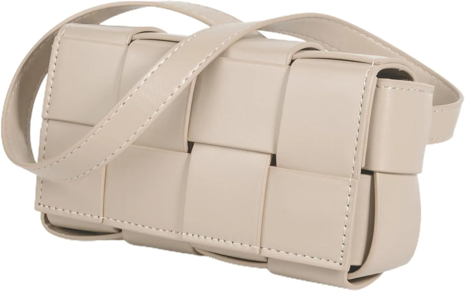 VIRVAR Mini Belt Bag with Women's PU Leather Woven Small Fanny Pack, Woven Small Square Bag 7.3 * 4 * 2.6 Inch (Apricot)
