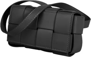 VIRVAR Mini Belt Bag with Women's PU Leather Woven Small Fanny Pack, Woven Small Square Bag 7.3 * 4 * 2.6 Inch (Black)