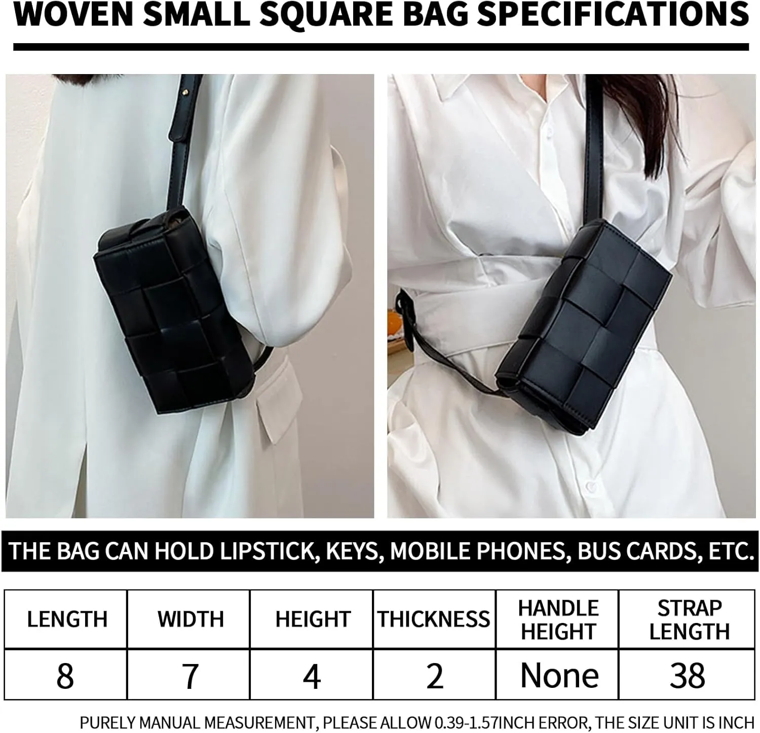 VIRVAR Mini Belt Bag with Women's PU Leather Woven Small Fanny Pack, Woven Small Square Bag 7.3 * 4 * 2.6 Inch (Black)