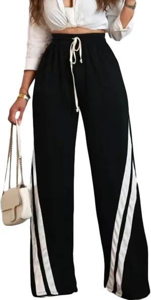 Voghtic Wide Leg Sweatpants Women Striped Drawstring Hight Waisted Loose Casual Pants Lounge Baggy Jogger Track Trousers
