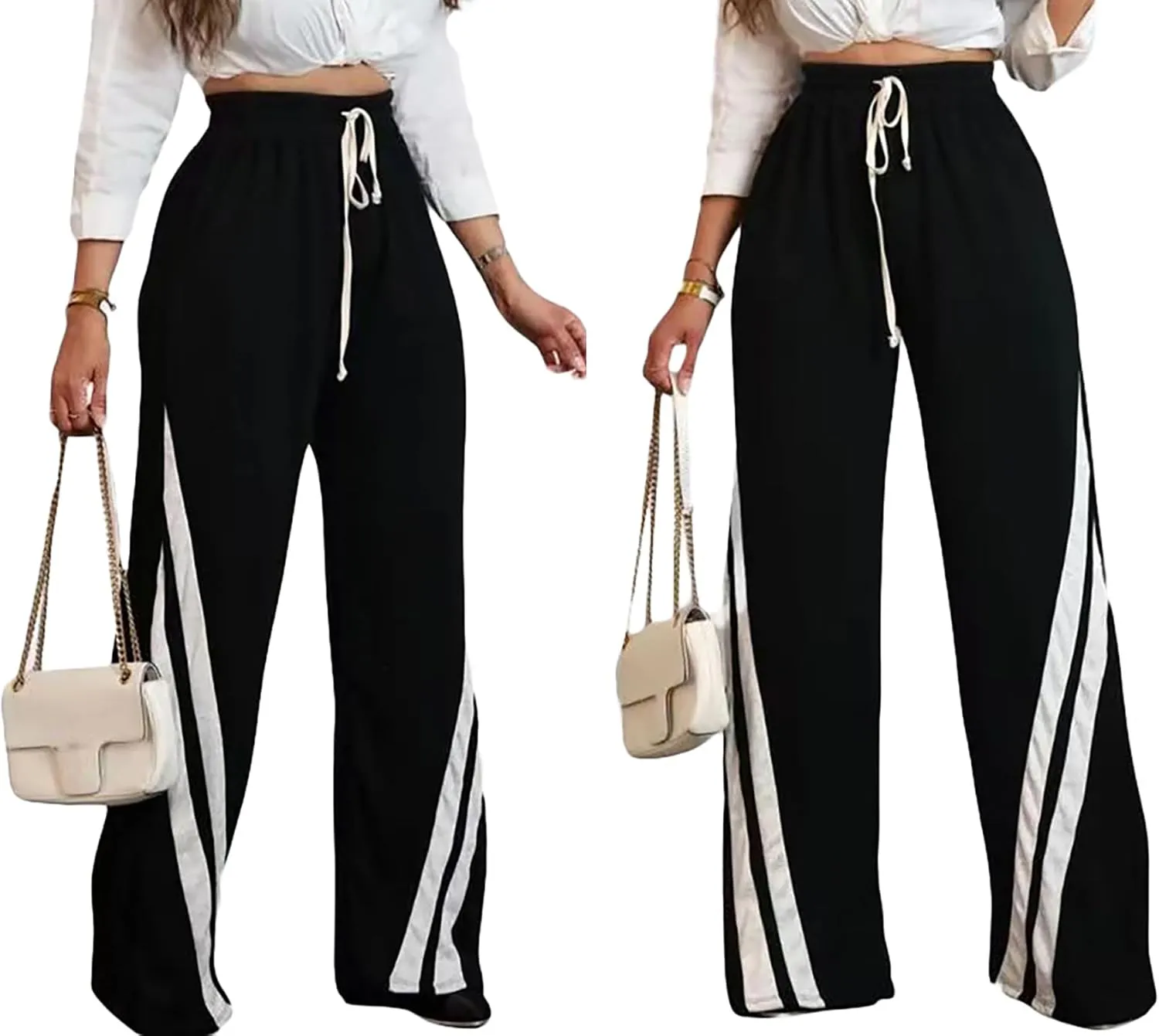 Voghtic Wide Leg Sweatpants Women Striped Drawstring Hight Waisted Loose Casual Pants Lounge Baggy Jogger Track Trousers