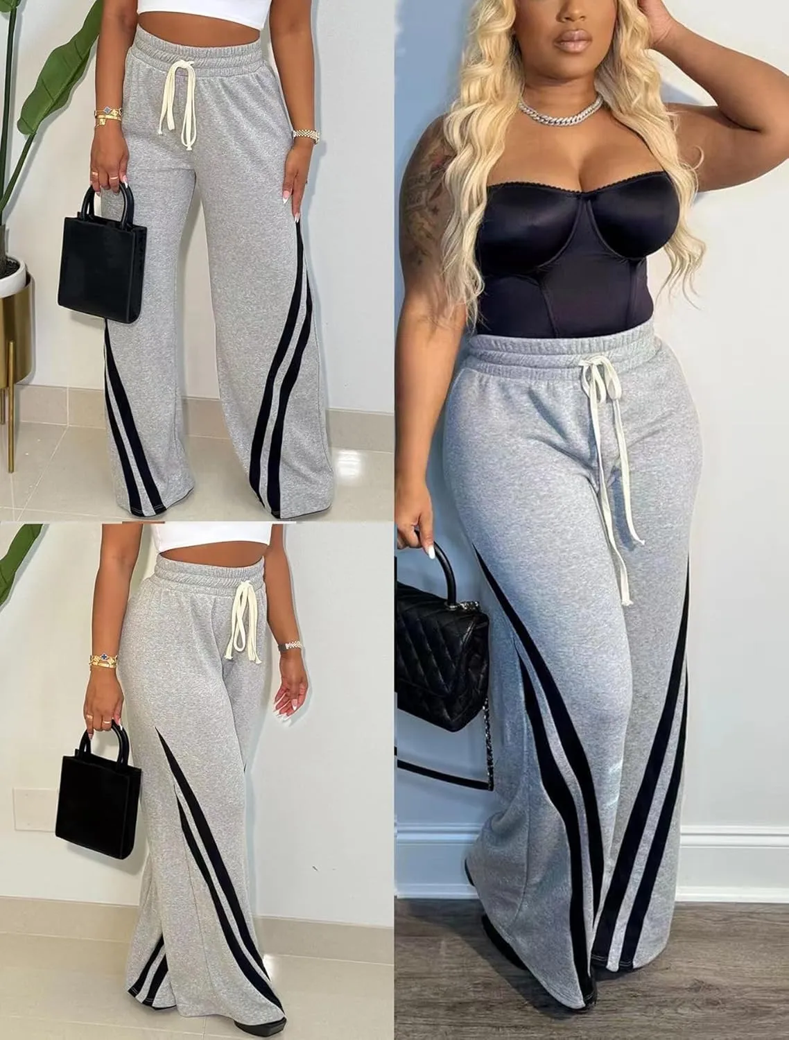 Voghtic Wide Leg Sweatpants Women Striped Drawstring Hight Waisted Loose Casual Pants Lounge Baggy Jogger Track Trousers
