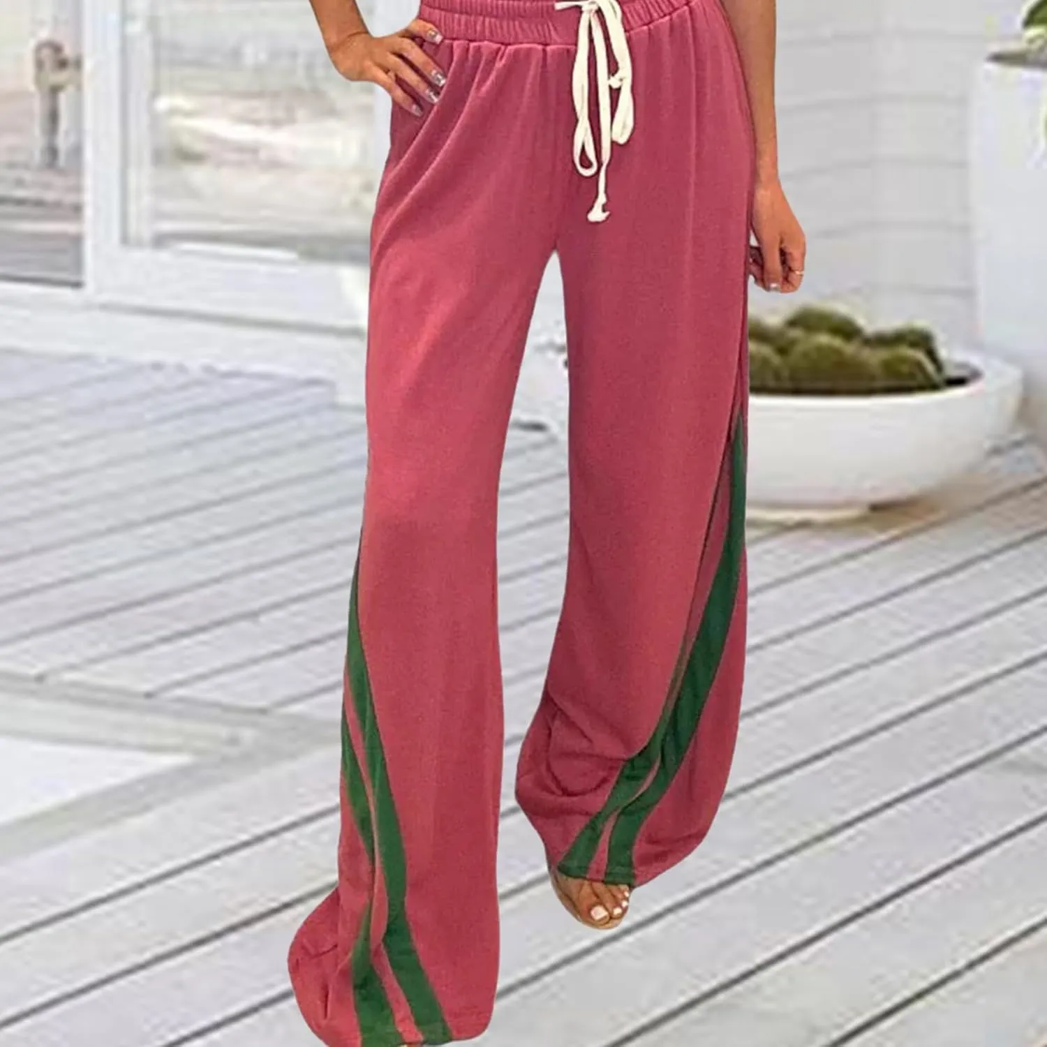 Voghtic Wide Leg Sweatpants Women Striped Drawstring Hight Waisted Loose Casual Pants Lounge Baggy Jogger Track Trousers