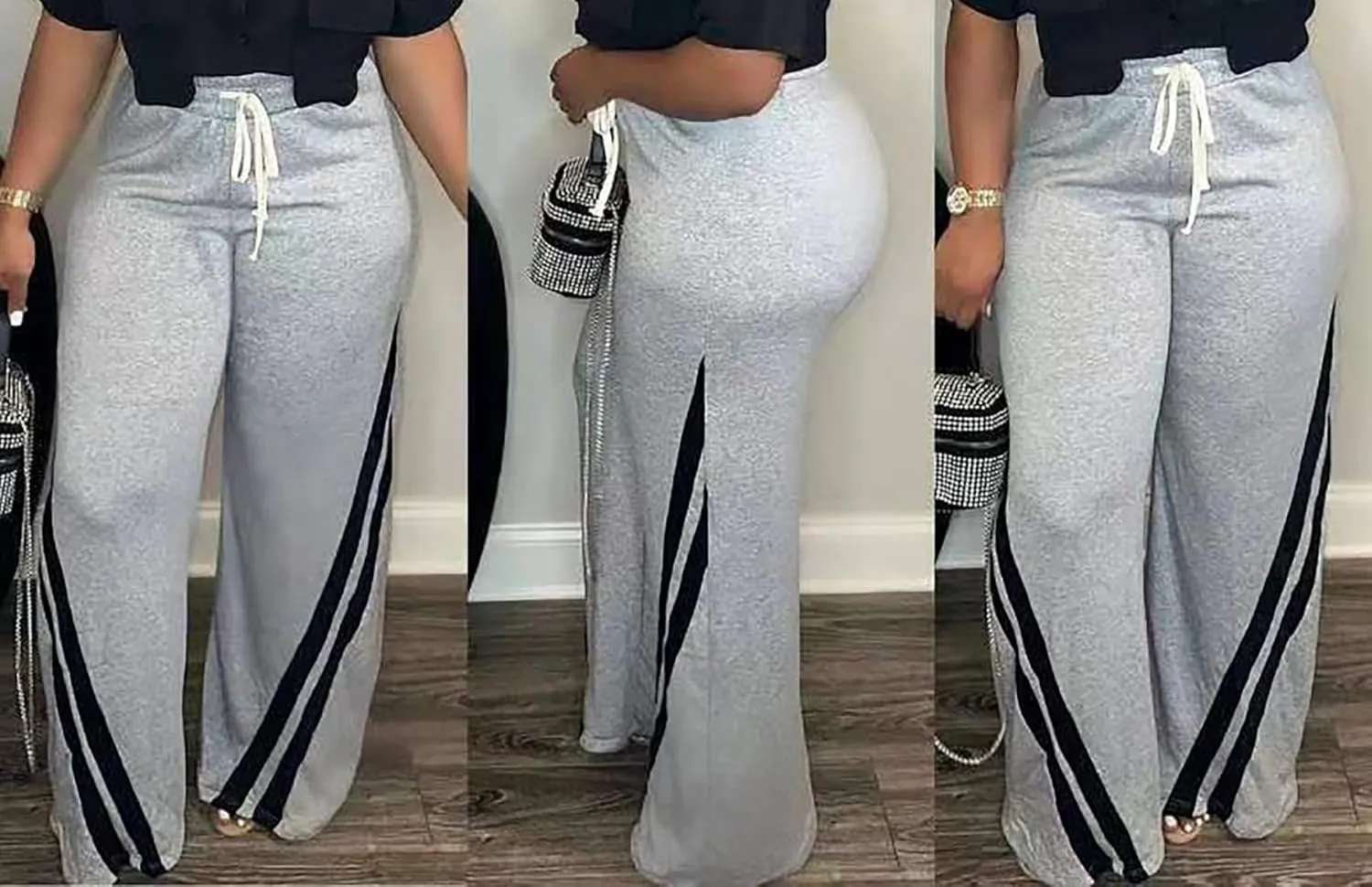 Voghtic Wide Leg Sweatpants Women Striped Drawstring Hight Waisted Loose Casual Pants Lounge Baggy Jogger Track Trousers