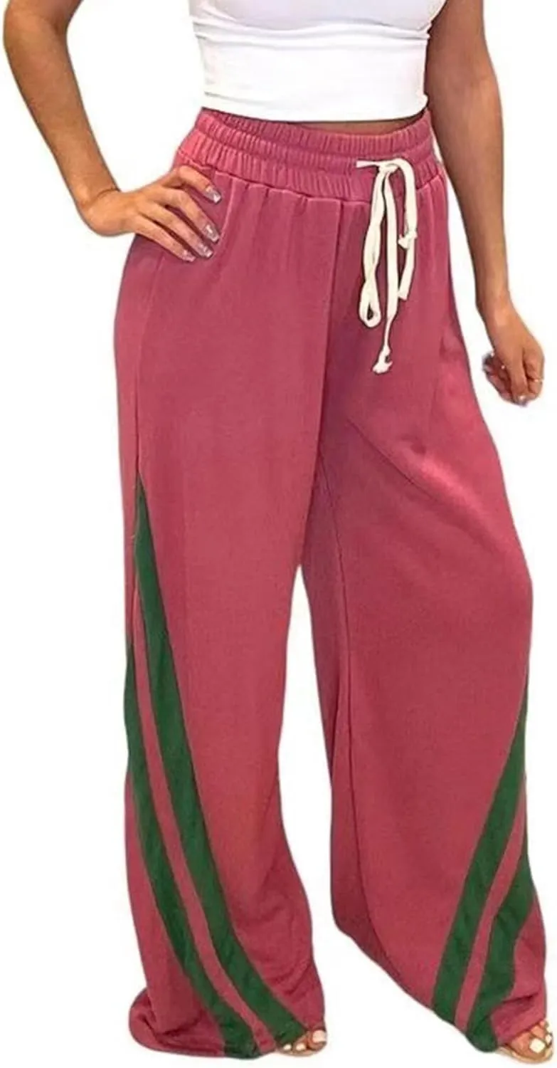 Voghtic Wide Leg Sweatpants Women Striped Drawstring Hight Waisted Loose Casual Pants Lounge Baggy Jogger Track Trousers