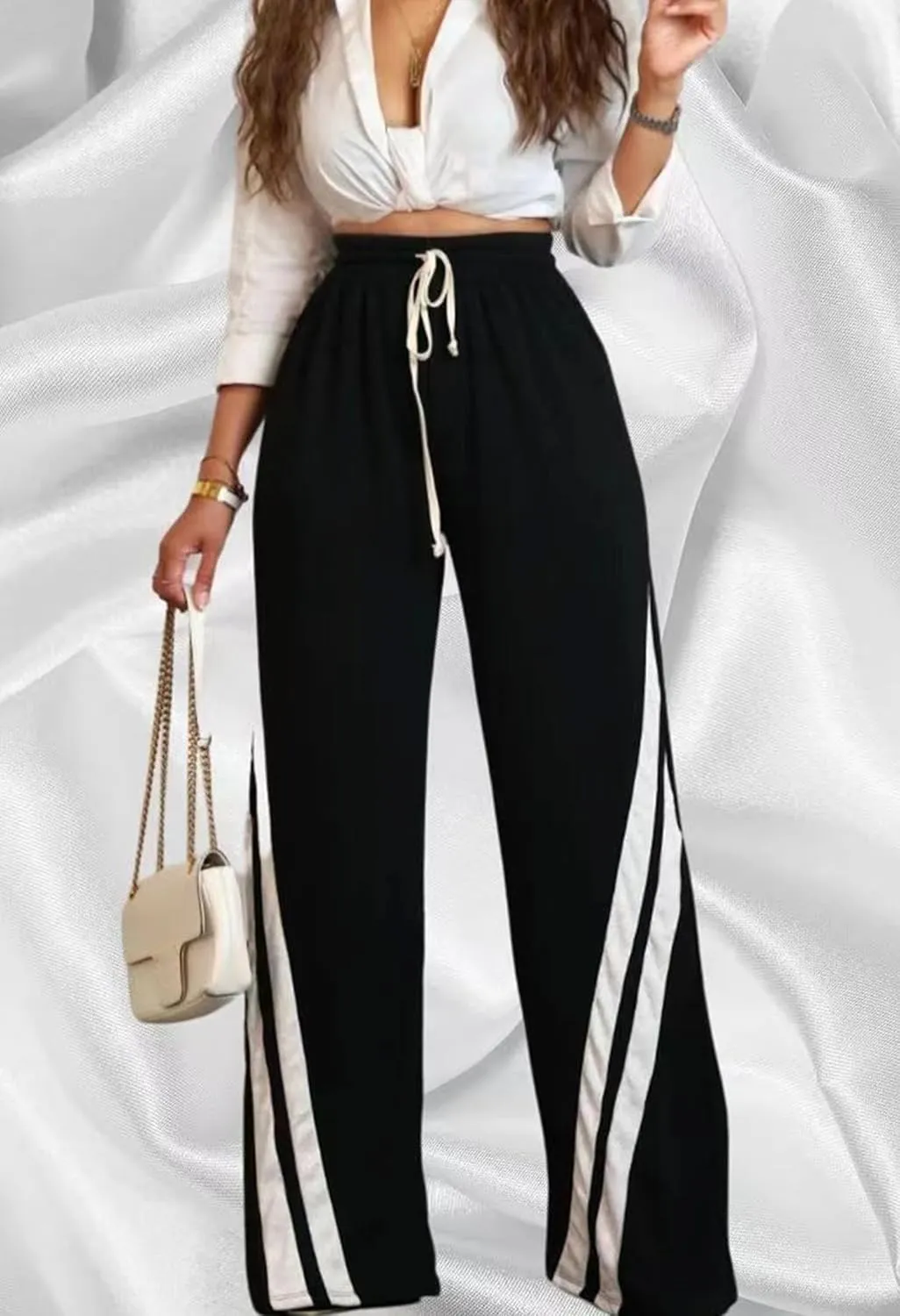 Voghtic Wide Leg Sweatpants Women Striped Drawstring Hight Waisted Loose Casual Pants Lounge Baggy Jogger Track Trousers