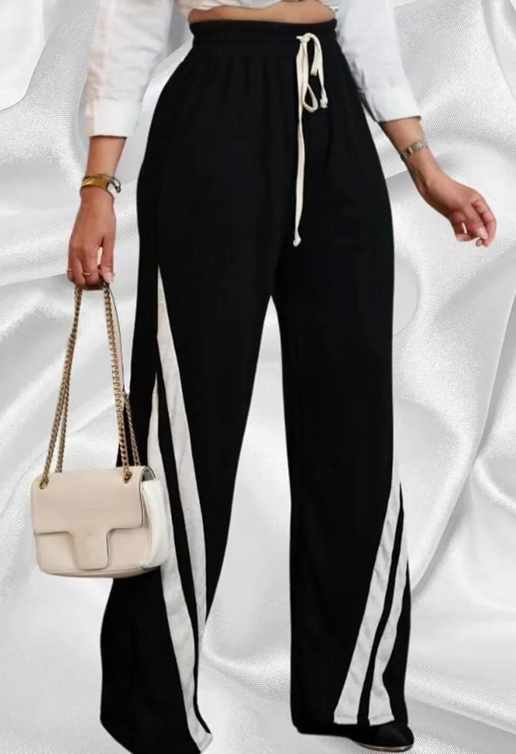 Voghtic Wide Leg Sweatpants Women Striped Drawstring Hight Waisted Loose Casual Pants Lounge Baggy Jogger Track Trousers