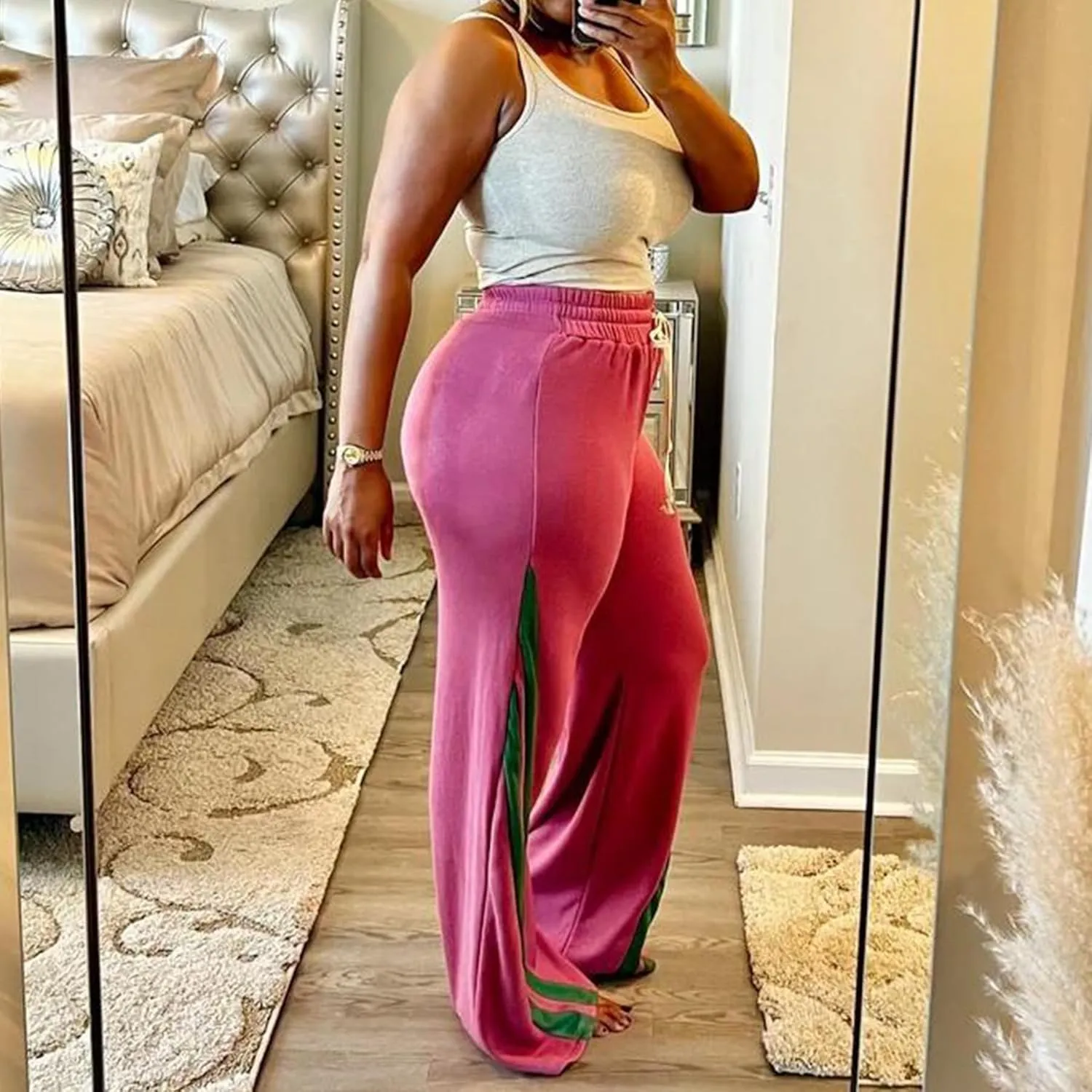 Voghtic Wide Leg Sweatpants Women Striped Drawstring Hight Waisted Loose Casual Pants Lounge Baggy Jogger Track Trousers