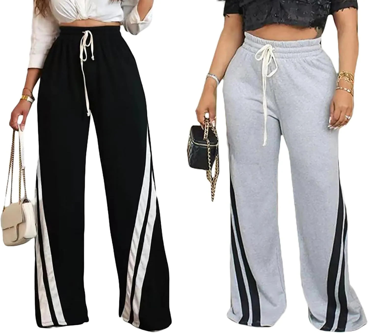 Voghtic Wide Leg Sweatpants Women Striped Drawstring Hight Waisted Loose Casual Pants Lounge Baggy Jogger Track Trousers