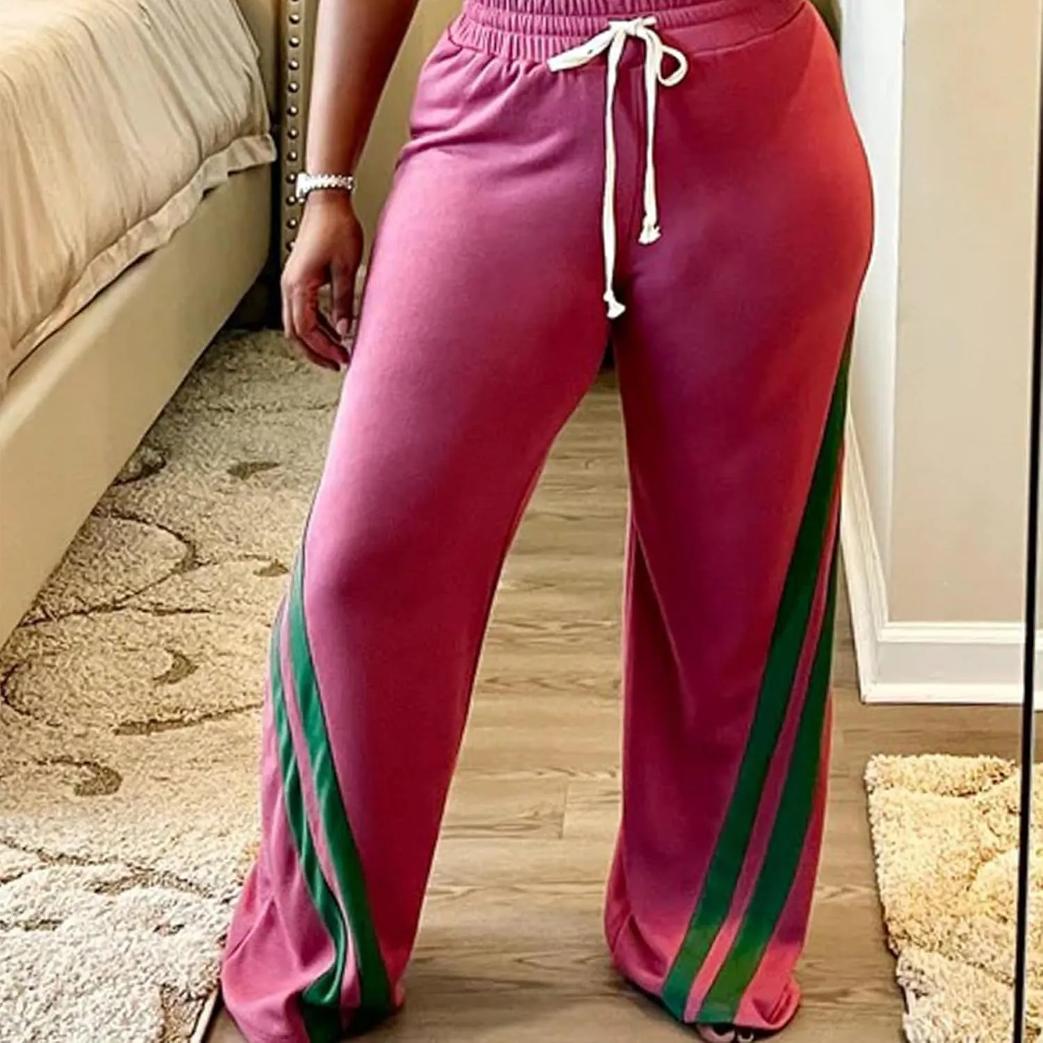 Voghtic Wide Leg Sweatpants Women Striped Drawstring Hight Waisted Loose Casual Pants Lounge Baggy Jogger Track Trousers
