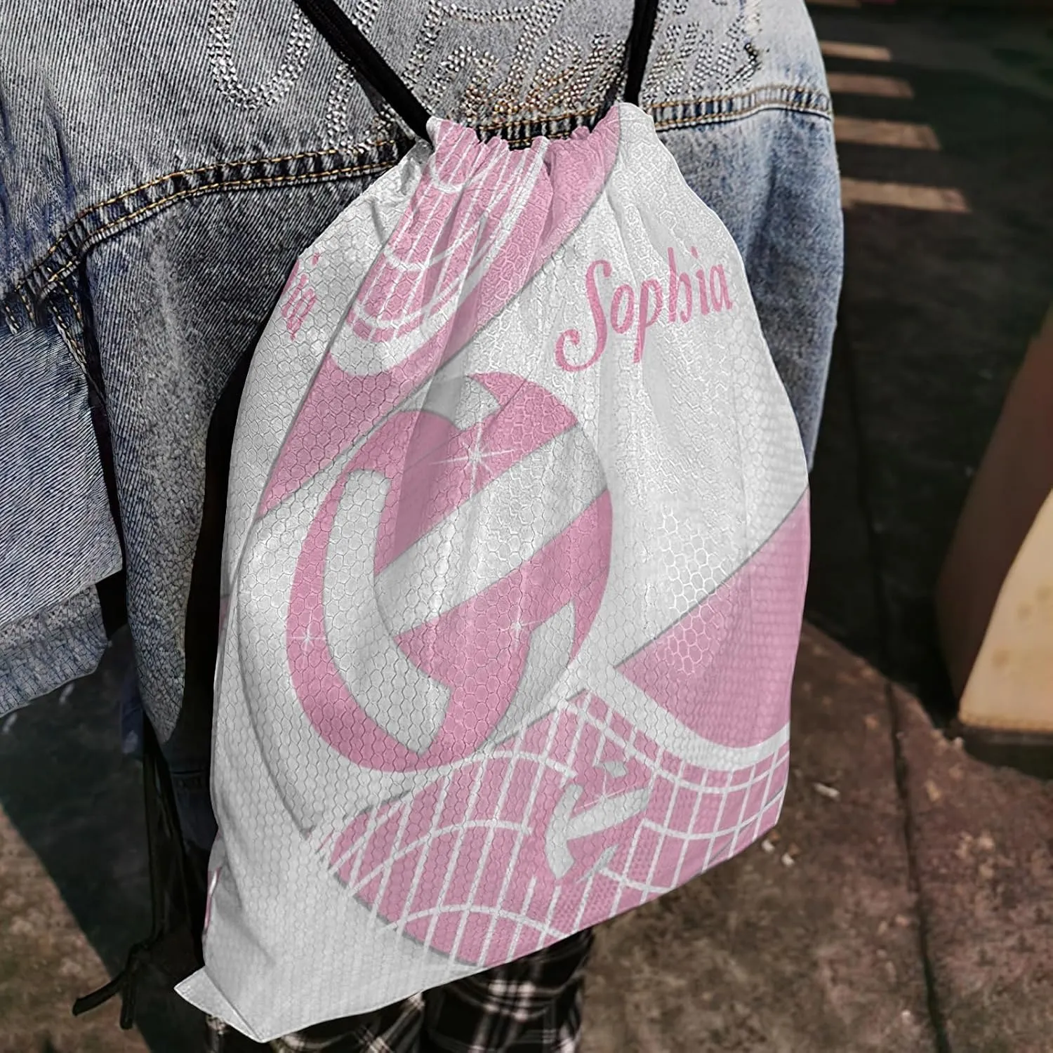 Volleyball Pink Personalized Drawstring Backpack for Women Men Gym String Bag Sackpack Competition Bag Sport Cinch Sack with Name
