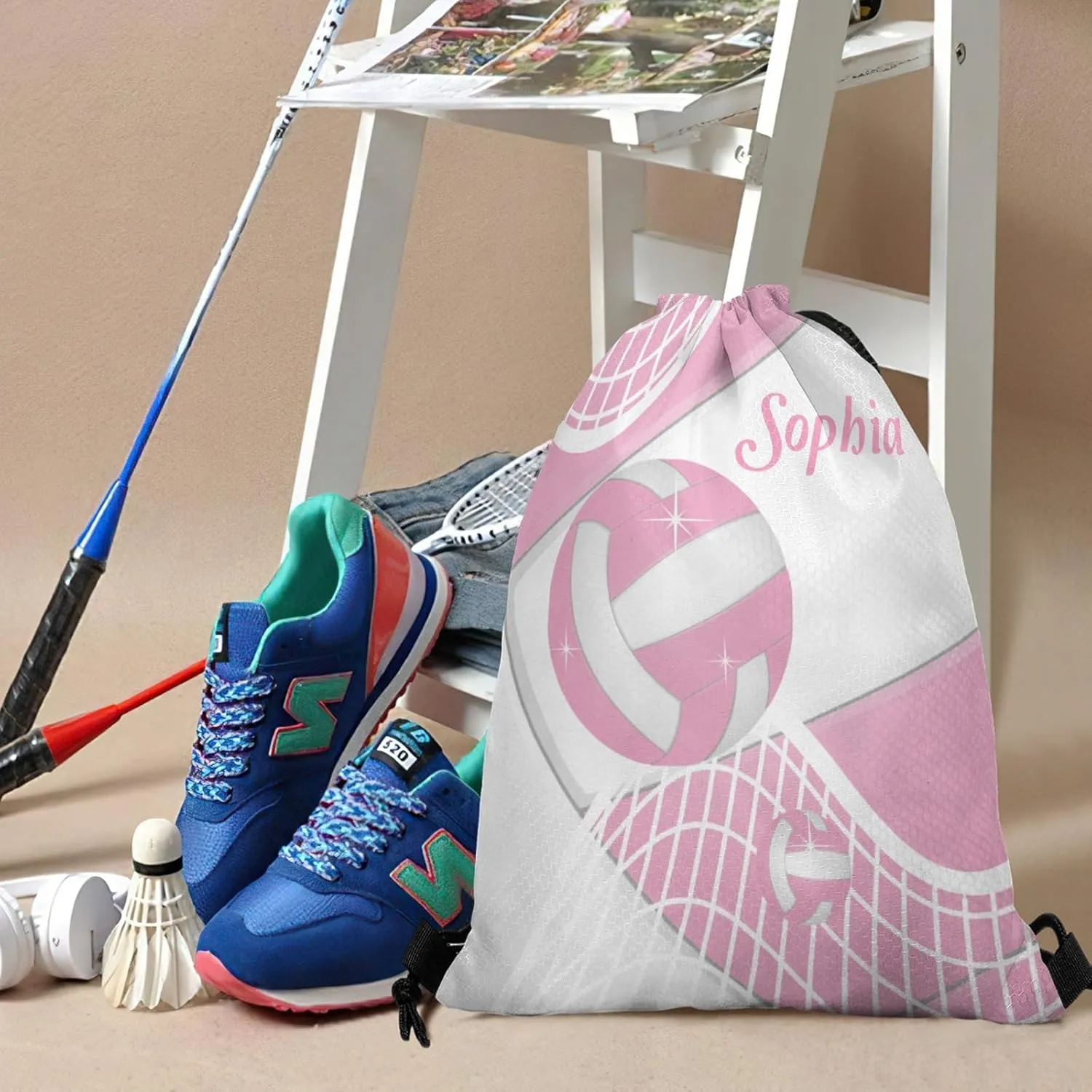 Volleyball Pink Personalized Drawstring Backpack for Women Men Gym String Bag Sackpack Competition Bag Sport Cinch Sack with Name
