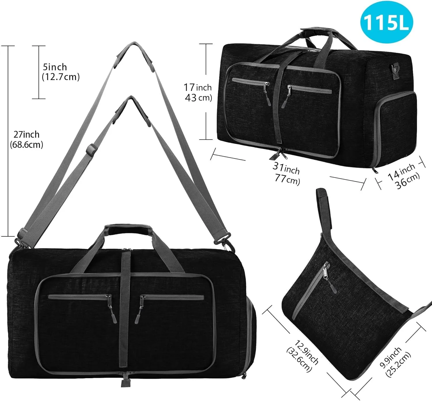 Vomgomfom Travel Duffle Bag for Men, 65L 85L 115L Foldable Travel Duffel Bag with Shoes Compartment Overnight Bag for Men Women