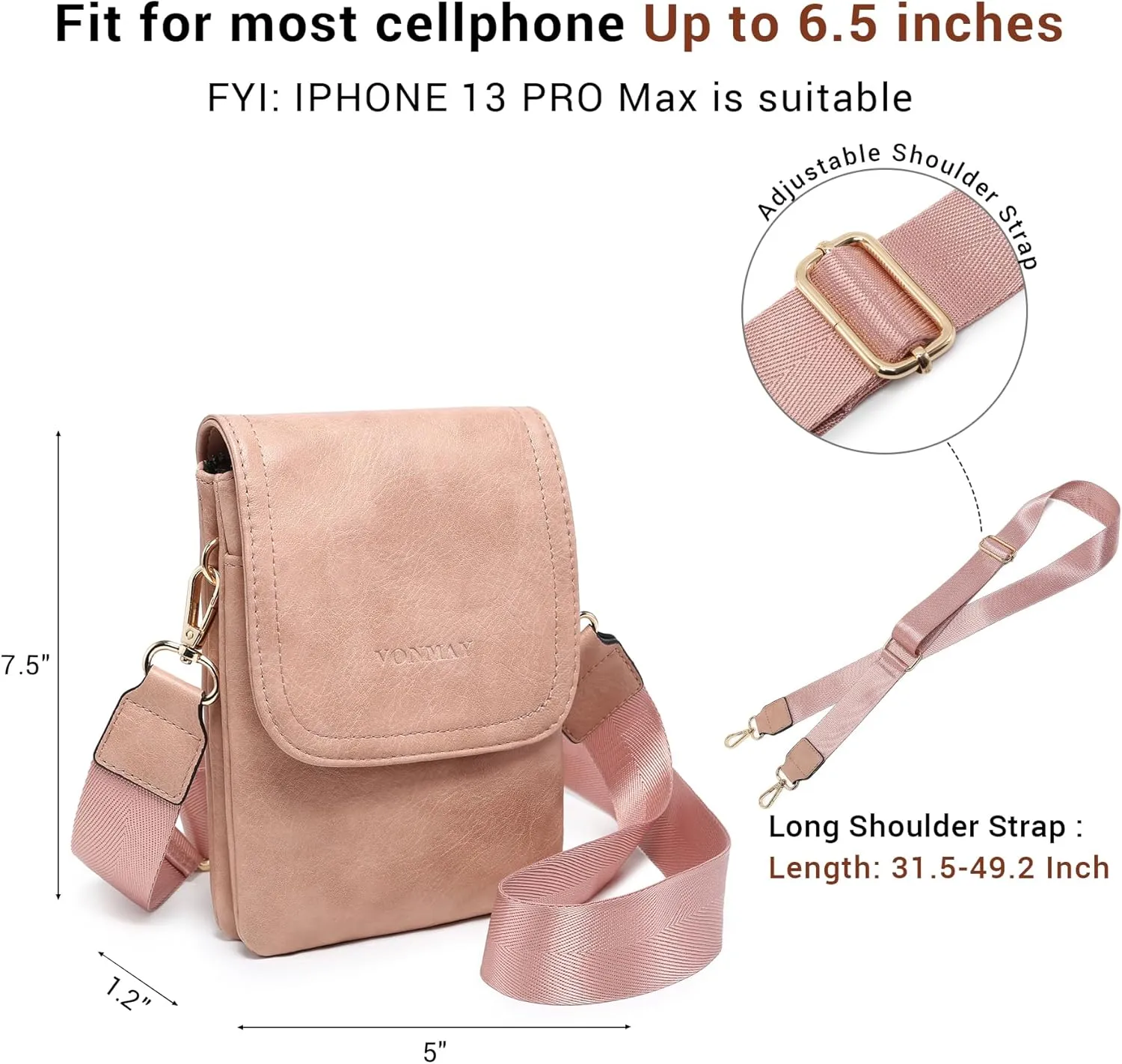 VONMAY Vegan Leather Small Crossbody Bags for Women, 3 Compartment Cell Phone Wallet Purses with Adjustable Guitar Strap