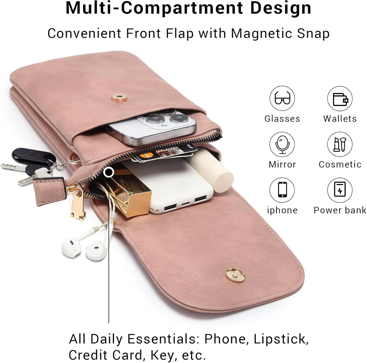 VONMAY Vegan Leather Small Crossbody Bags for Women, 3 Compartment Cell Phone Wallet Purses with Adjustable Guitar Strap