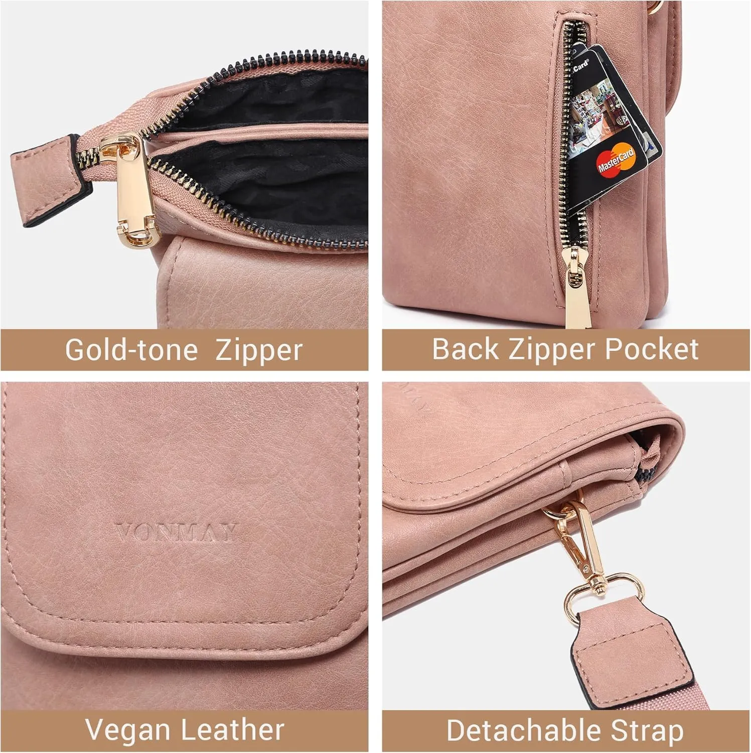 VONMAY Vegan Leather Small Crossbody Bags for Women, 3 Compartment Cell Phone Wallet Purses with Adjustable Guitar Strap