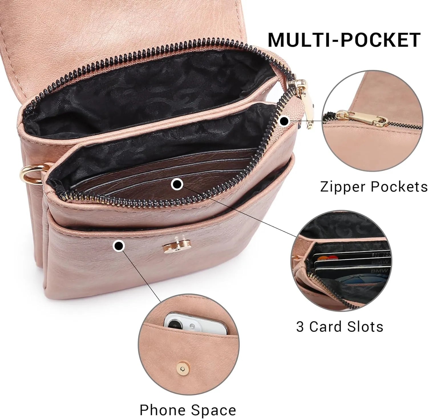 VONMAY Vegan Leather Small Crossbody Bags for Women, 3 Compartment Cell Phone Wallet Purses with Adjustable Guitar Strap