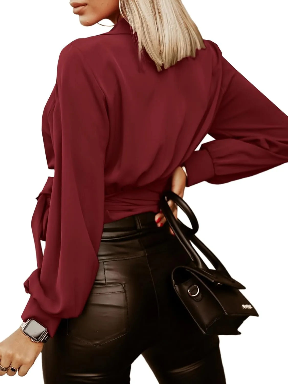 Vrtige Women's Wrap V Neck Self Tie Knot Long Sleeve Blouse Shirt Crop Top
