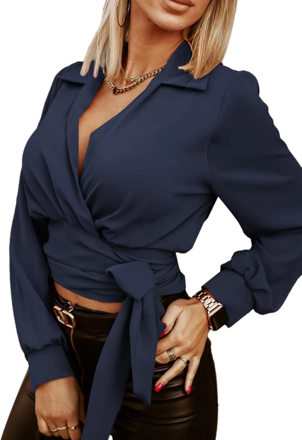 Vrtige Women's Wrap V Neck Self Tie Knot Long Sleeve Blouse Shirt Crop Top