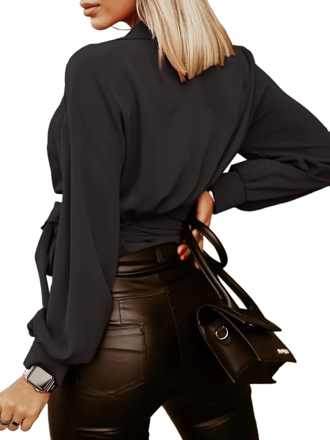 Vrtige Women's Wrap V Neck Self Tie Knot Long Sleeve Blouse Shirt Crop Top