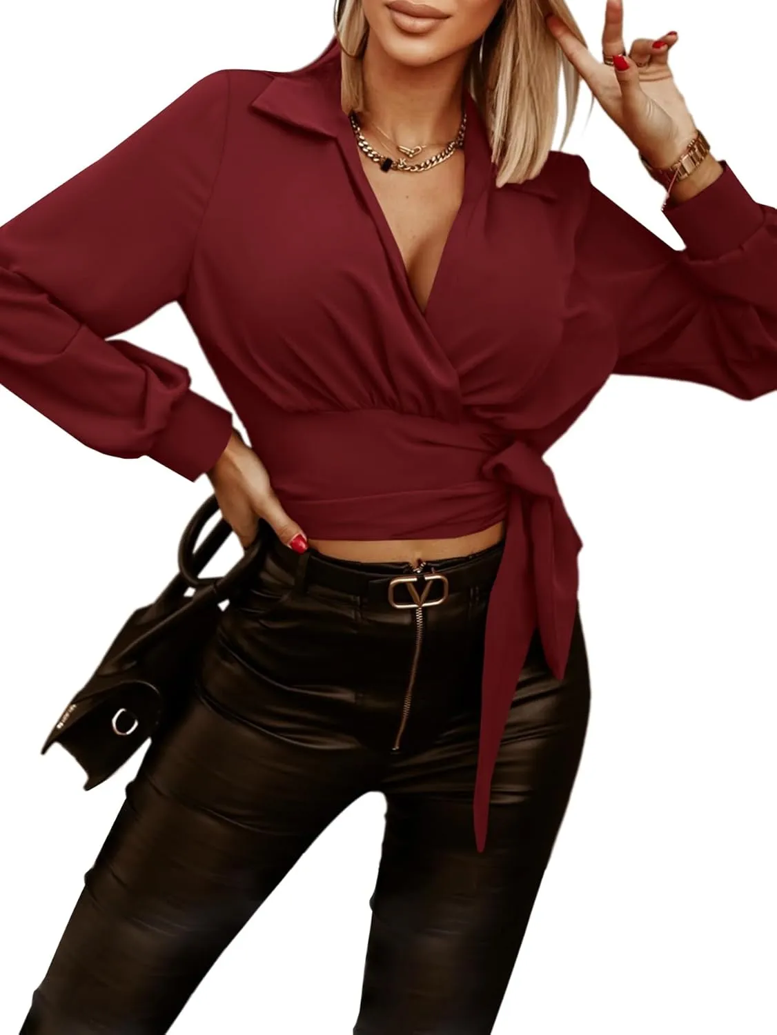 Vrtige Women's Wrap V Neck Self Tie Knot Long Sleeve Blouse Shirt Crop Top