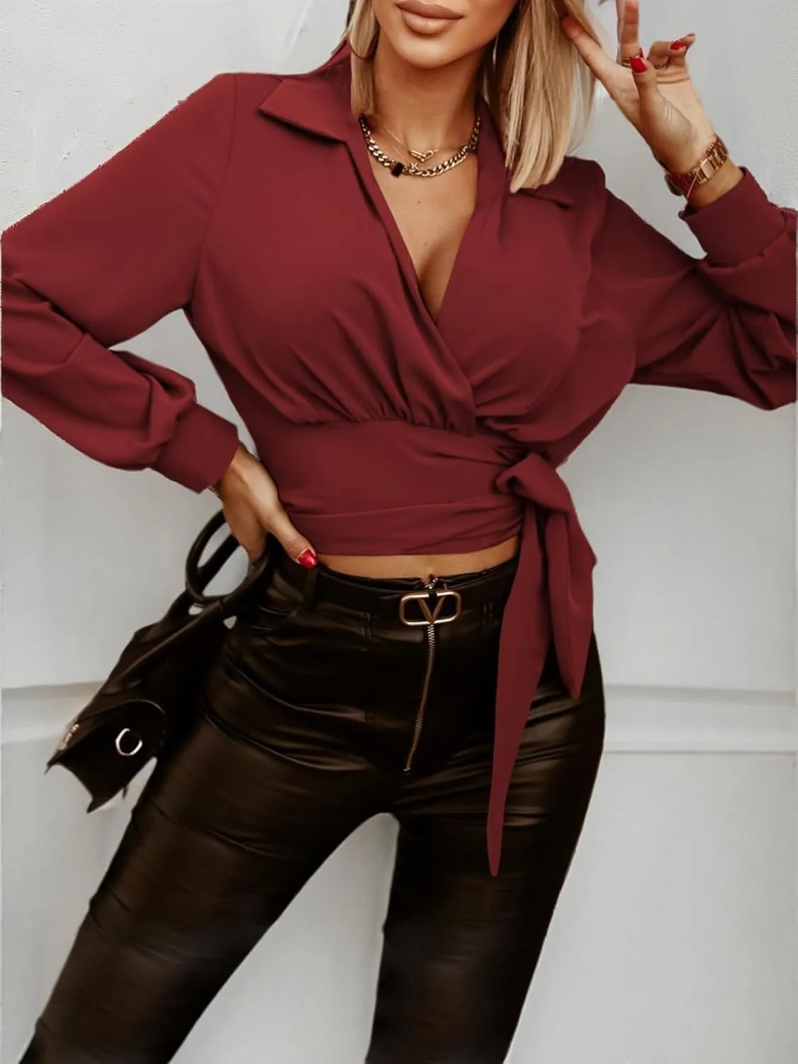 Vrtige Women's Wrap V Neck Self Tie Knot Long Sleeve Blouse Shirt Crop Top