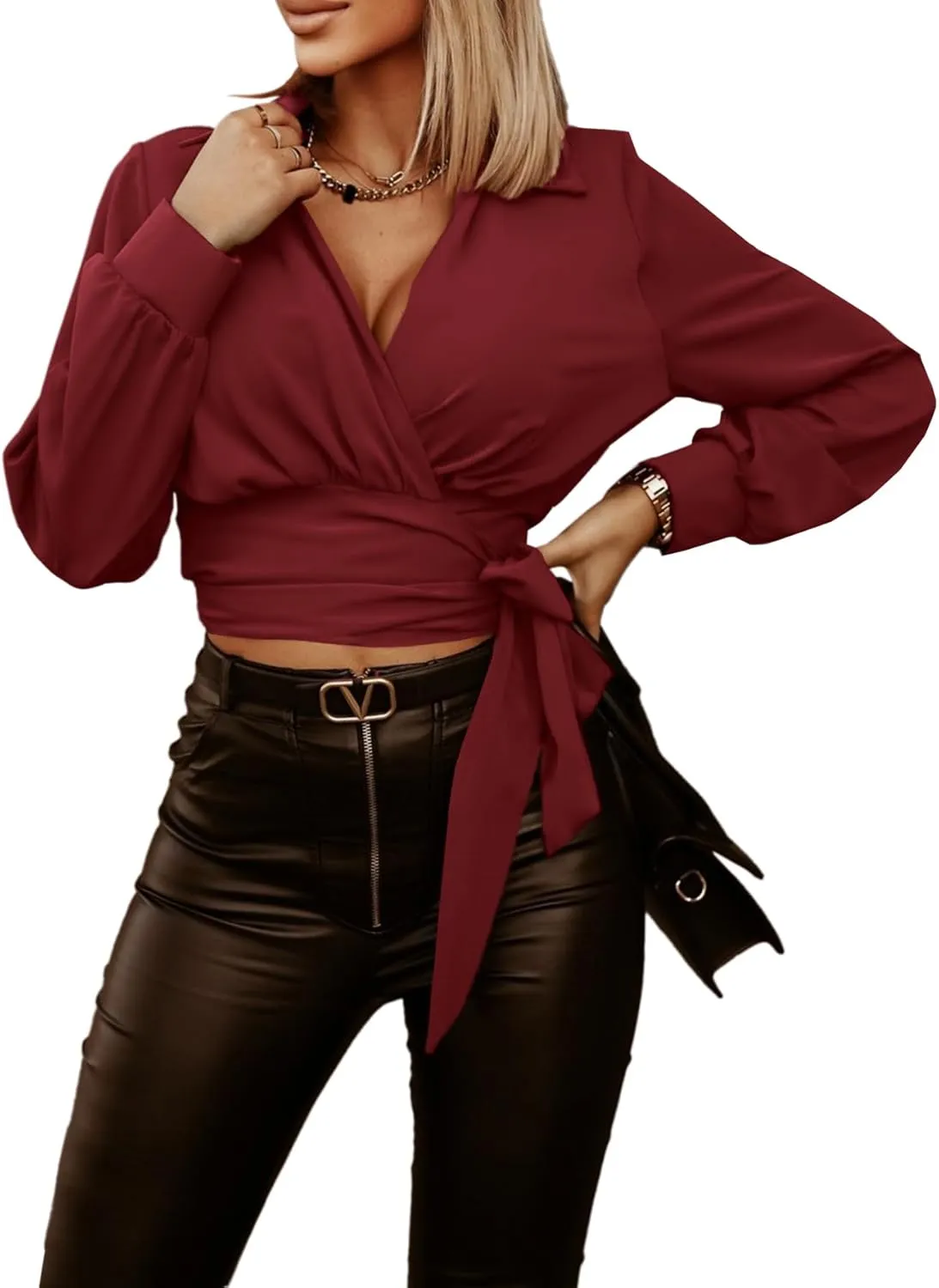 Vrtige Women's Wrap V Neck Self Tie Knot Long Sleeve Blouse Shirt Crop Top