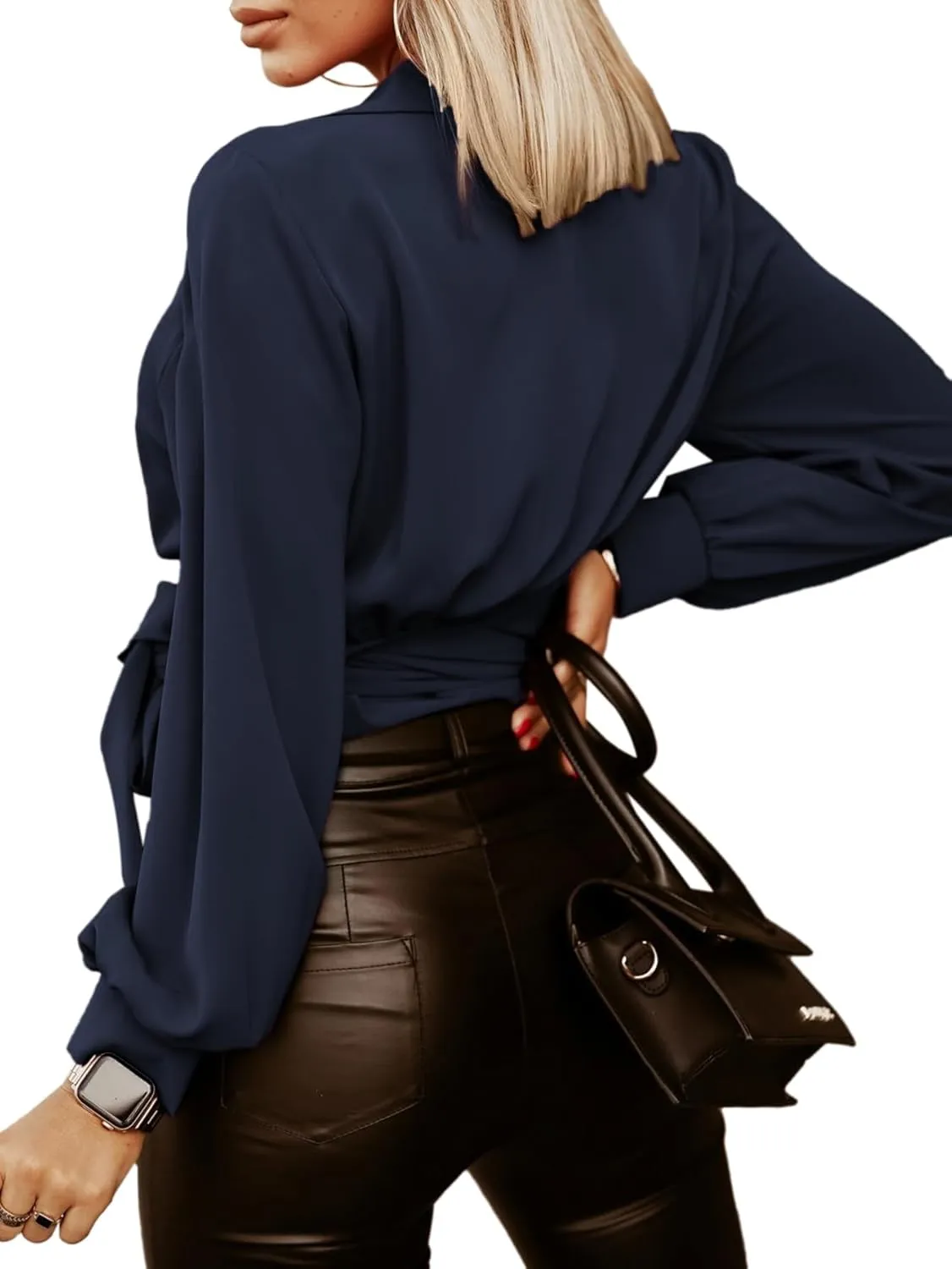 Vrtige Women's Wrap V Neck Self Tie Knot Long Sleeve Blouse Shirt Crop Top