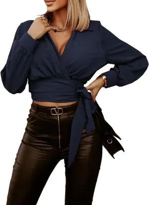 Vrtige Women's Wrap V Neck Self Tie Knot Long Sleeve Blouse Shirt Crop Top
