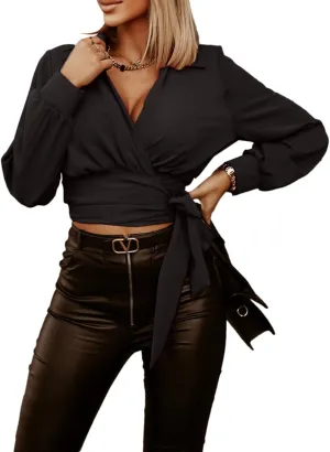 Vrtige Women's Wrap V Neck Self Tie Knot Long Sleeve Blouse Shirt Crop Top