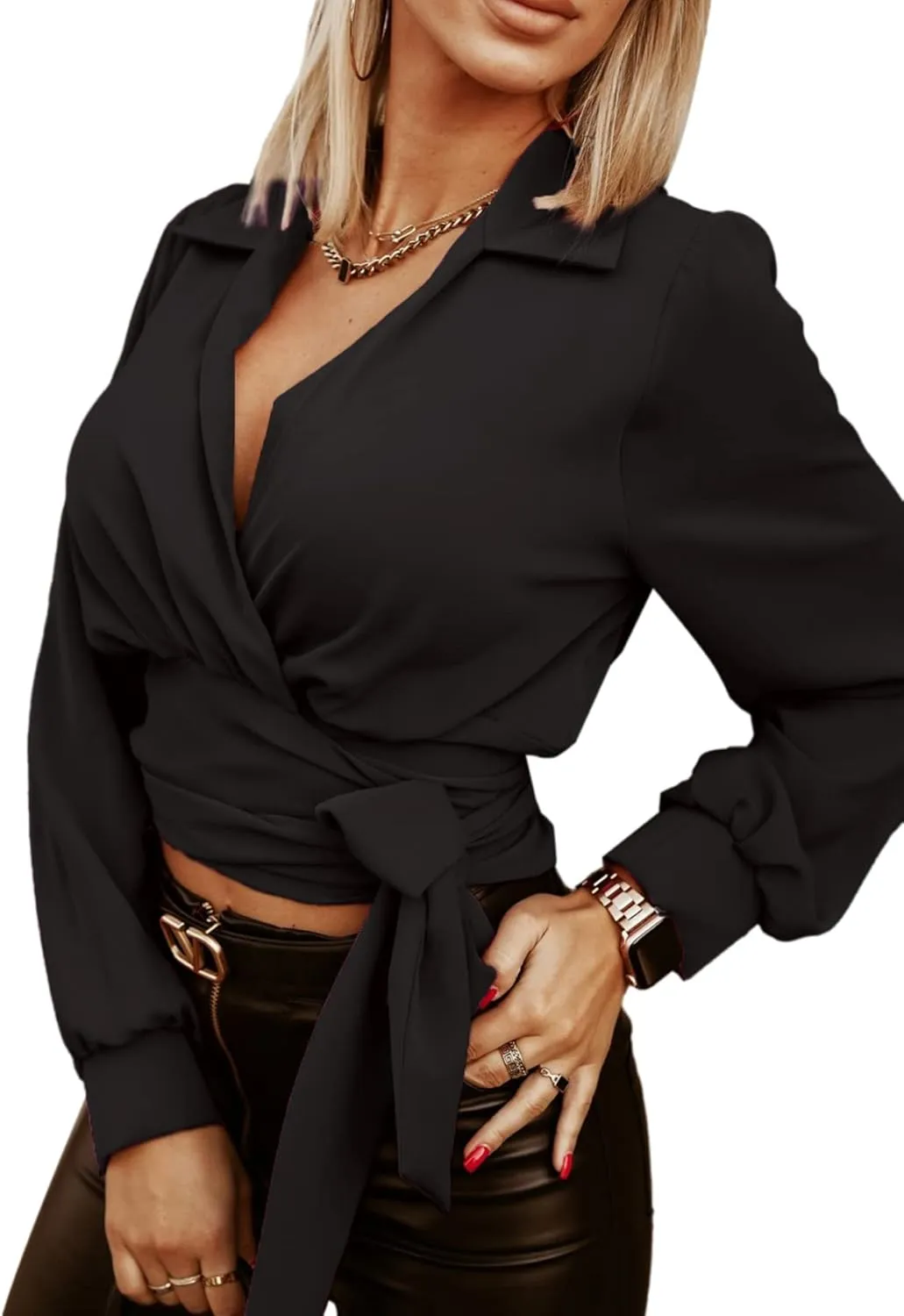 Vrtige Women's Wrap V Neck Self Tie Knot Long Sleeve Blouse Shirt Crop Top