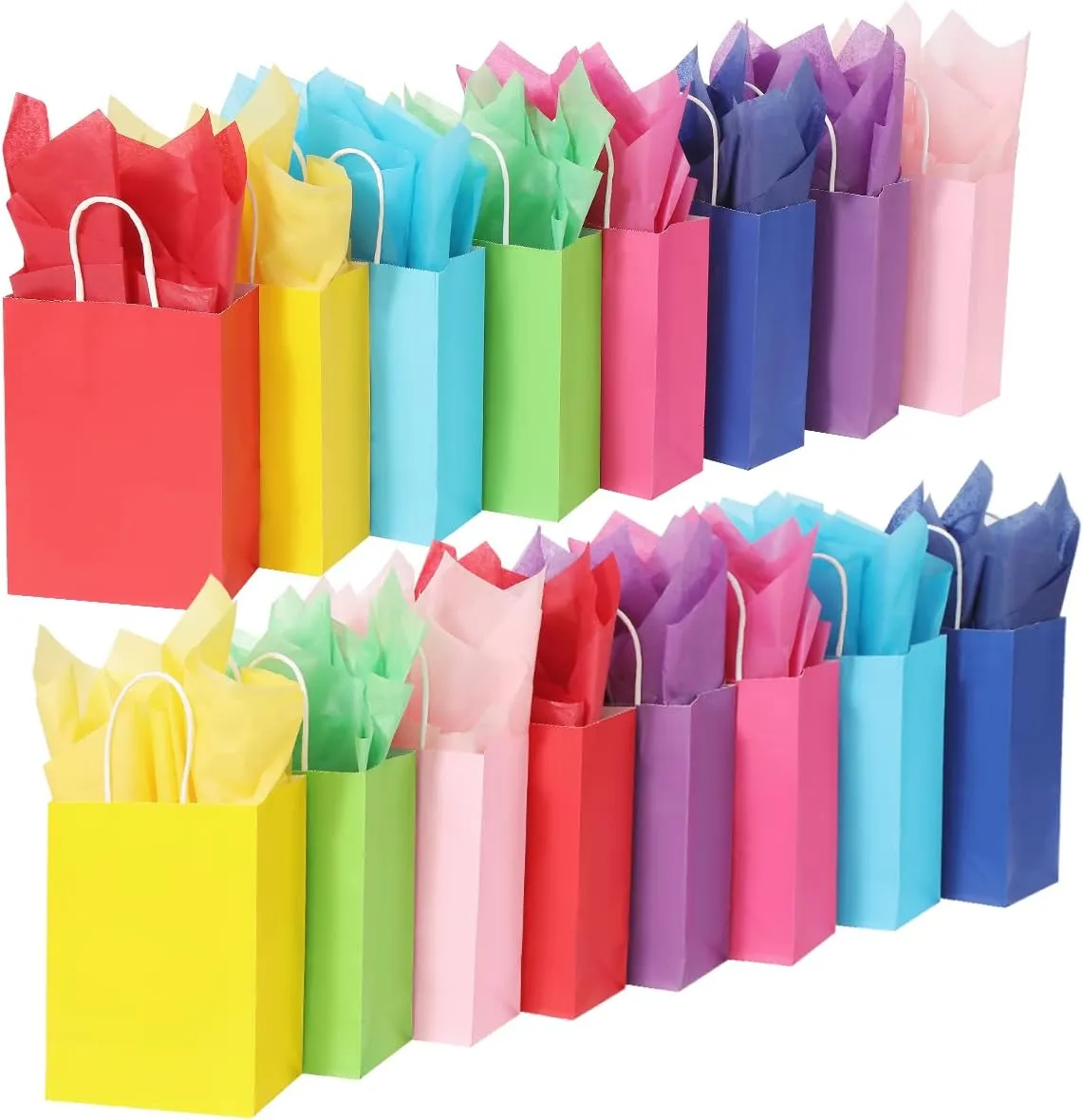 Waarms 32 Pieces Gift Bags with 32 Tissues, 8 Colors Party Favor Bags with Handles, Kraft Paper Rainbow Gift Bags Bulk for Birthday, Wedding, Baby Shower, Party Supplies and Gifts
