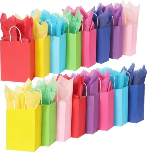 Waarms 32 Pieces Gift Bags with 32 Tissues, 8 Colors Party Favor Bags with Handles, Kraft Paper Rainbow Gift Bags Bulk for Birthday, Wedding, Baby Shower, Party Supplies and Gifts