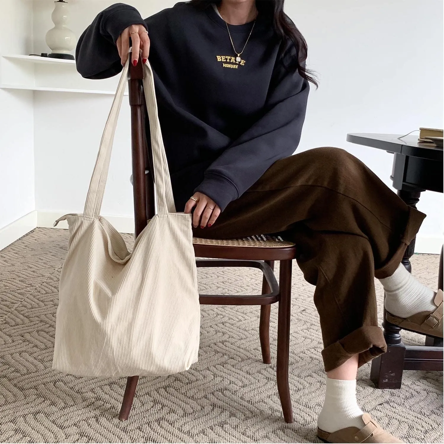 WantGor Women Corduroy Tote Bag, Large Shoulder Hobo Bags Casual Handbags Big Capacity Shopping Work Bag