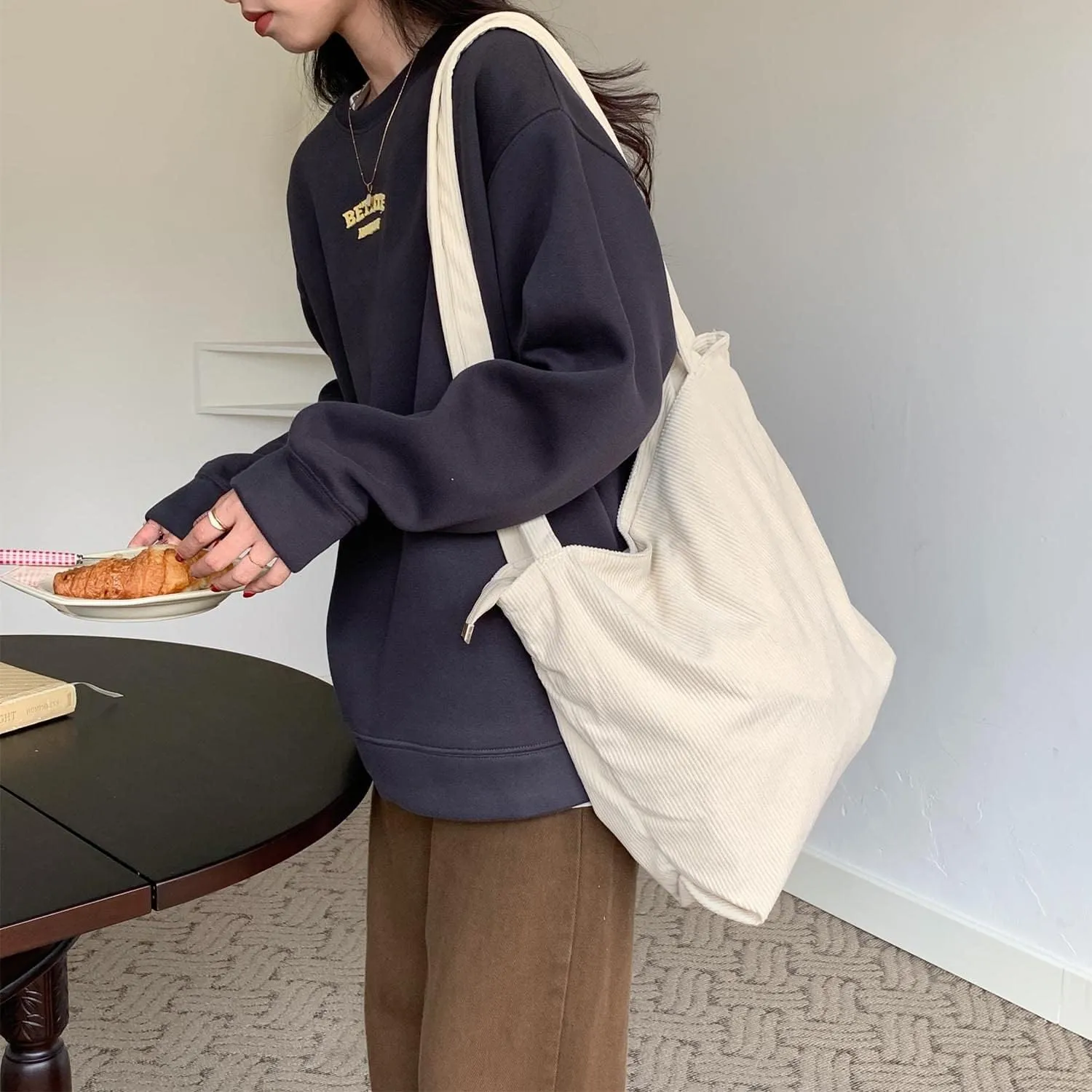 WantGor Women Corduroy Tote Bag, Large Shoulder Hobo Bags Casual Handbags Big Capacity Shopping Work Bag