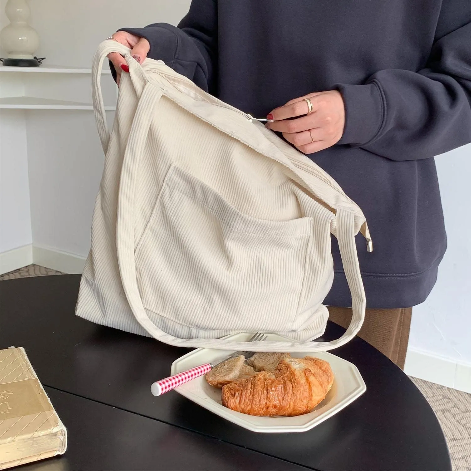WantGor Women Corduroy Tote Bag, Large Shoulder Hobo Bags Casual Handbags Big Capacity Shopping Work Bag