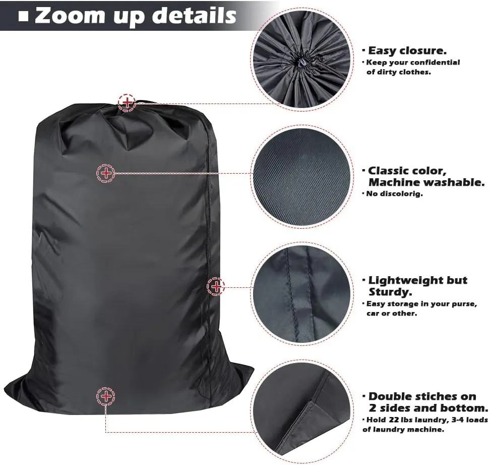 Washable Travel Laundry Bag with Drawstring (3 Pack), Large Dirty Clothes Bag Fit a Laundry Basket or Clothes Hamper, Enough to Hold 4 Loads of Laundry,26x39 inches Black 3