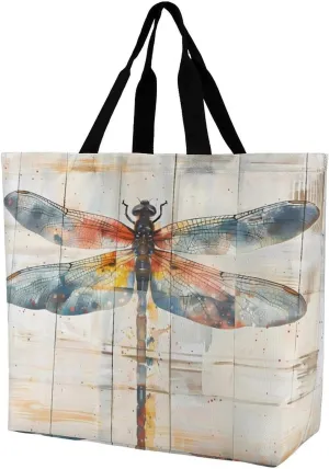 Watercolor Dragonfly Rustic Wood Style Vintage Insect Shopping Bag Reusable Tote Bag Lightweight Shoulder Bag Grocery Bag for Women Men